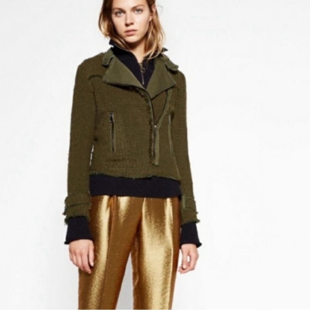 Zara Textured Distressed Cropped Moto Jacket Green Size Small